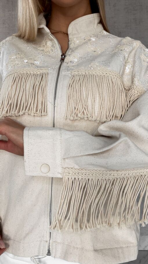 Oryginalna jeansowa katana ecru w stylu BOHO z frędzlami - R641