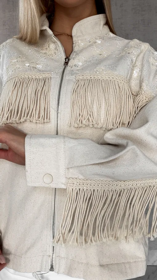Oryginalna jeansowa katana ecru w stylu BOHO z frędzlami - R641