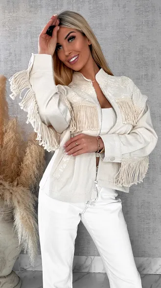 Oryginalna jeansowa katana ecru w stylu BOHO z frędzlami - R641