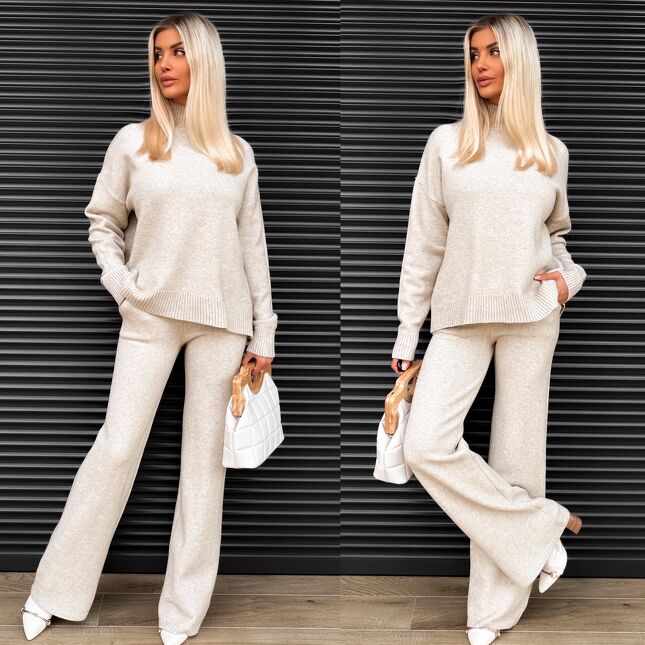 Idealny jesienny komplet dzianinowy BEŻOWY sweter + spodnie ONE SIZE - S463