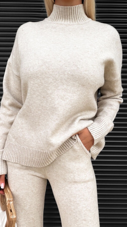 Idealny jesienny komplet dzianinowy BEŻOWY sweter + spodnie ONE SIZE - S463