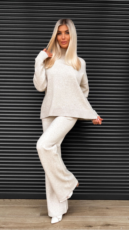 Idealny jesienny komplet dzianinowy BEŻOWY sweter + spodnie ONE SIZE - S463