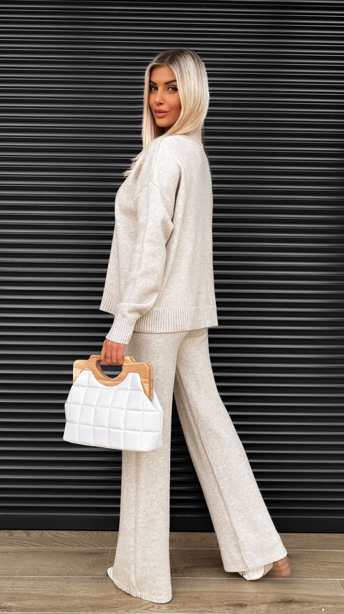 Idealny jesienny komplet dzianinowy BEŻOWY sweter + spodnie ONE SIZE - S463