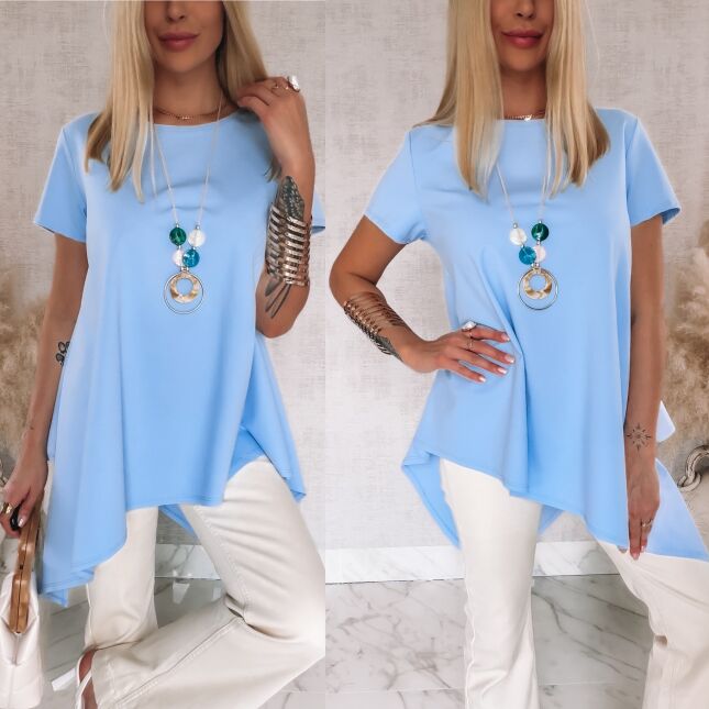 Asymetryczna bawełniana bluzka z naszyjnikiem ONE SIZE niebieska - R825A