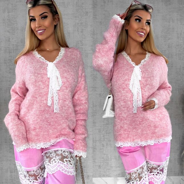 Oryginalny różowy sweter na wiosnę z koronkami ONE SIZE - R626A