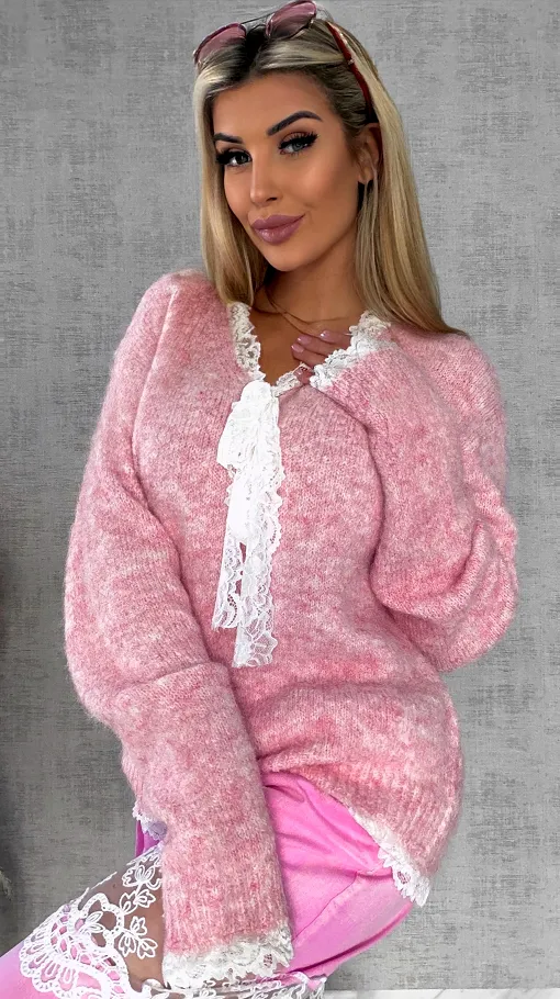 Oryginalny różowy sweter na wiosnę z koronkami ONE SIZE - R626A