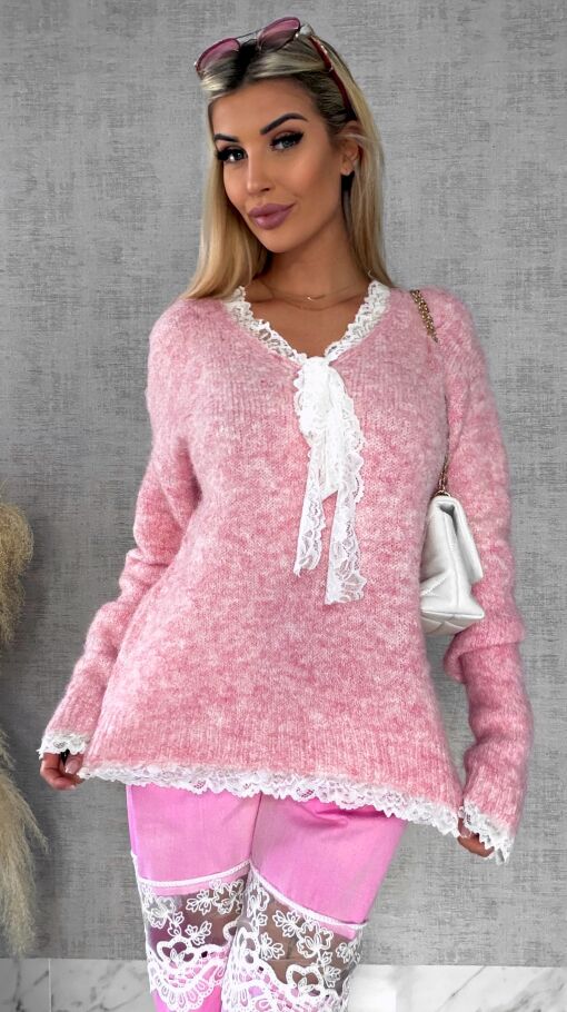 Oryginalny różowy sweter na wiosnę z koronkami ONE SIZE - R626A