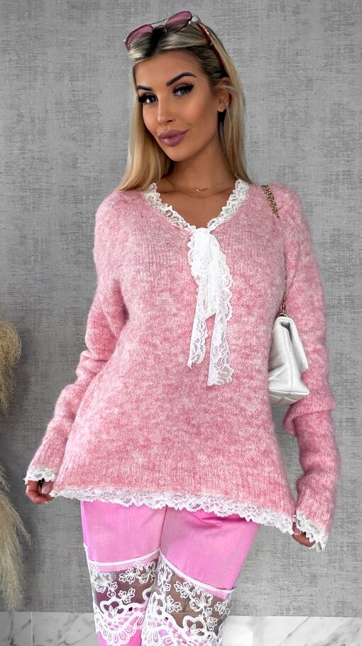 Oryginalny różowy sweter na wiosnę z koronkami ONE SIZE - R626A