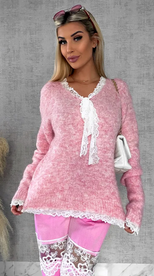 Oryginalny różowy sweter na wiosnę z koronkami ONE SIZE - R626A