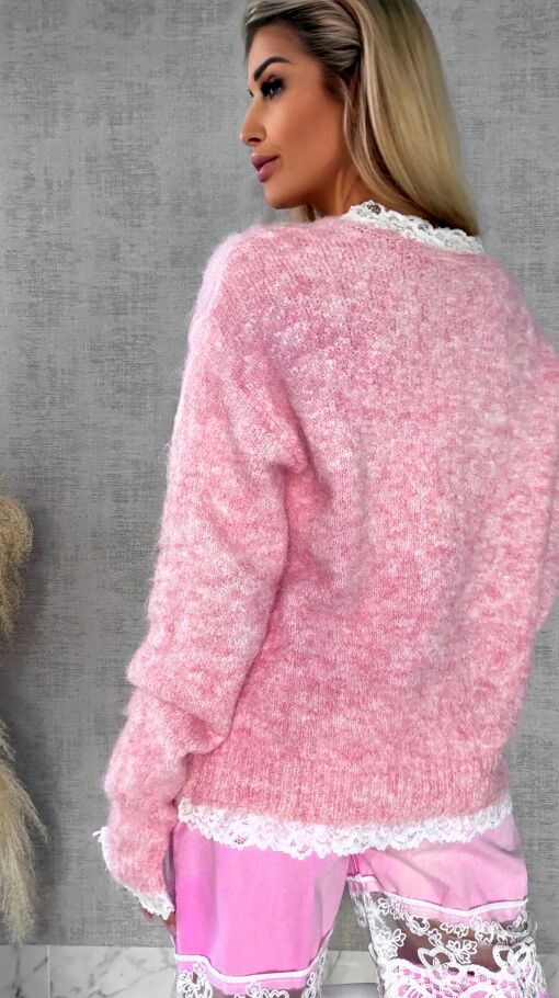 Oryginalny różowy sweter na wiosnę z koronkami ONE SIZE - R626A