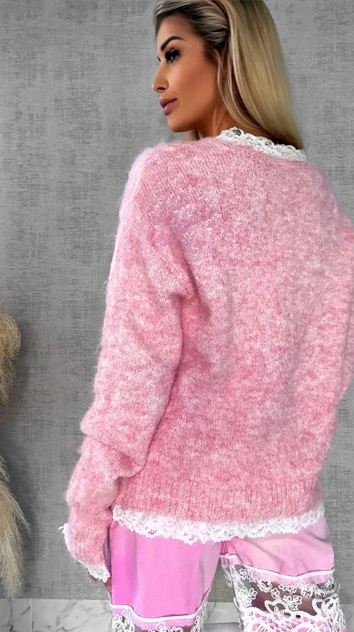 Oryginalny różowy sweter na wiosnę z koronkami ONE SIZE - R626A