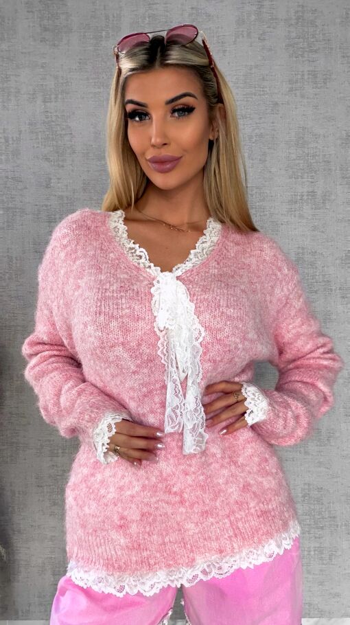 Oryginalny różowy sweter na wiosnę z koronkami ONE SIZE - R626A