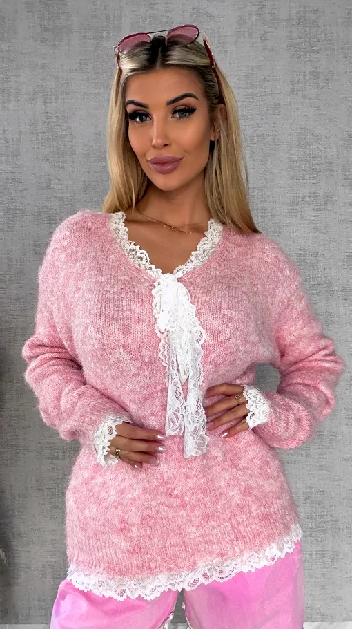 Oryginalny różowy sweter na wiosnę z koronkami ONE SIZE - R626A