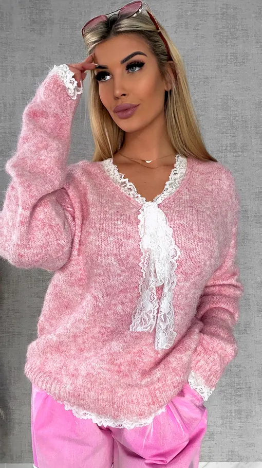 Oryginalny różowy sweter na wiosnę z koronkami ONE SIZE - R626A