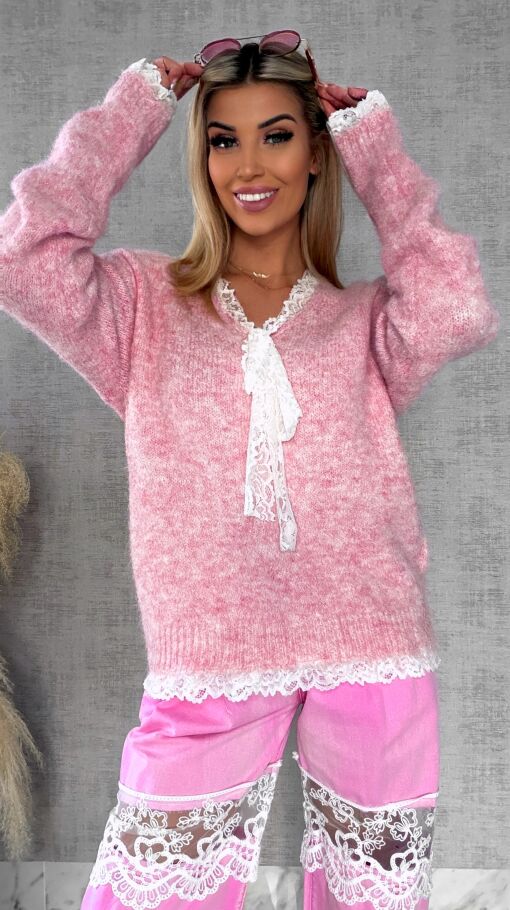 Oryginalny różowy sweter na wiosnę z koronkami ONE SIZE - R626A