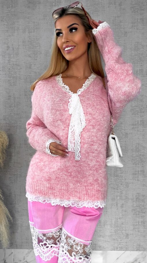 Oryginalny różowy sweter na wiosnę z koronkami ONE SIZE - R626A