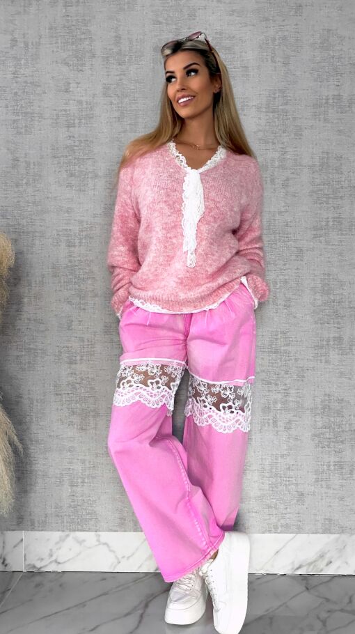 Oryginalny różowy sweter na wiosnę z koronkami ONE SIZE - R626A
