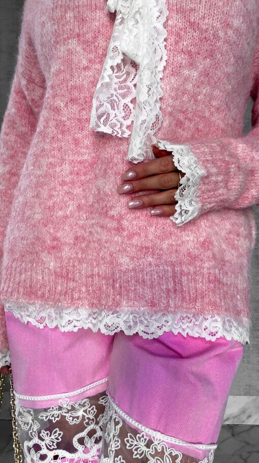 Oryginalny różowy sweter na wiosnę z koronkami ONE SIZE - R626A