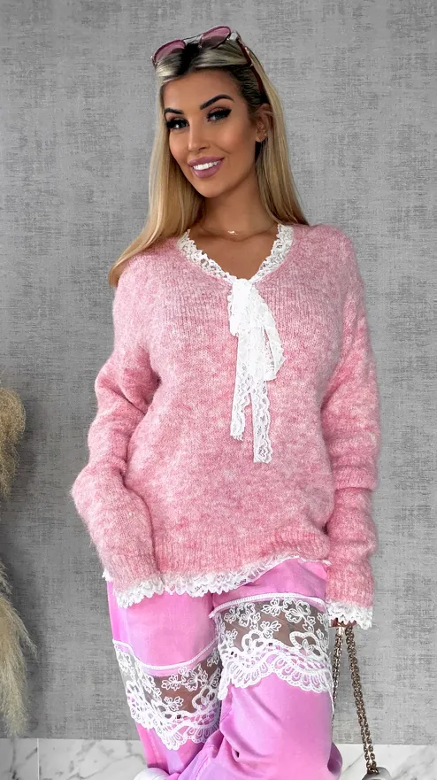 Oryginalny różowy sweter na wiosnę z koronkami ONE SIZE - R626A