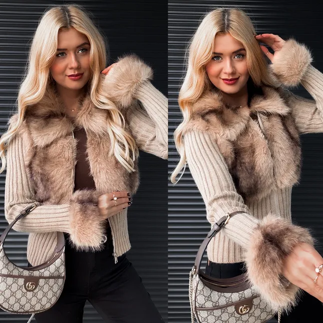 Modny sweter z wiskozy z futerkiem zapinany na zamek BEŻOWY - R298C