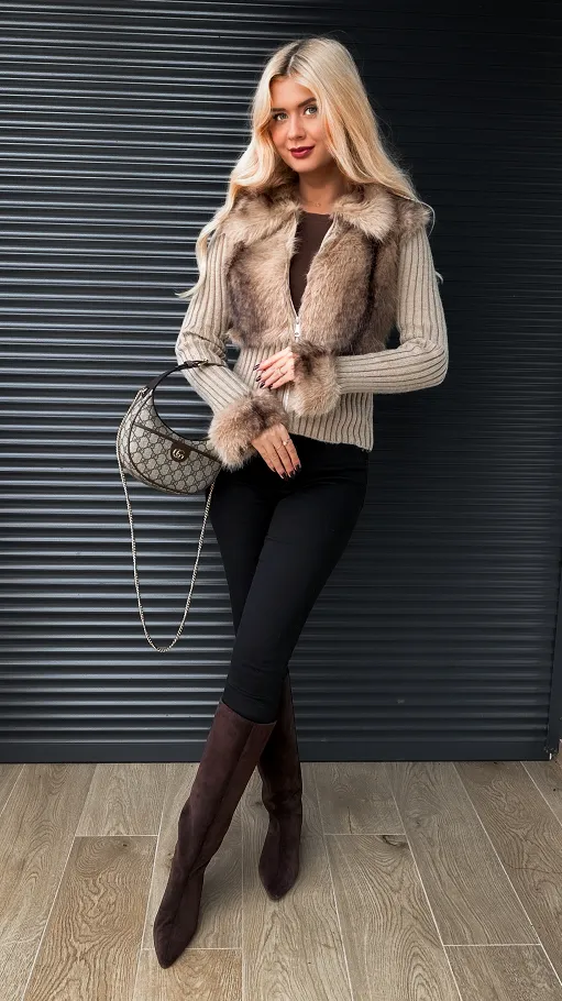 Modny sweter z wiskozy z futerkiem zapinany na zamek BEŻOWY - R298C