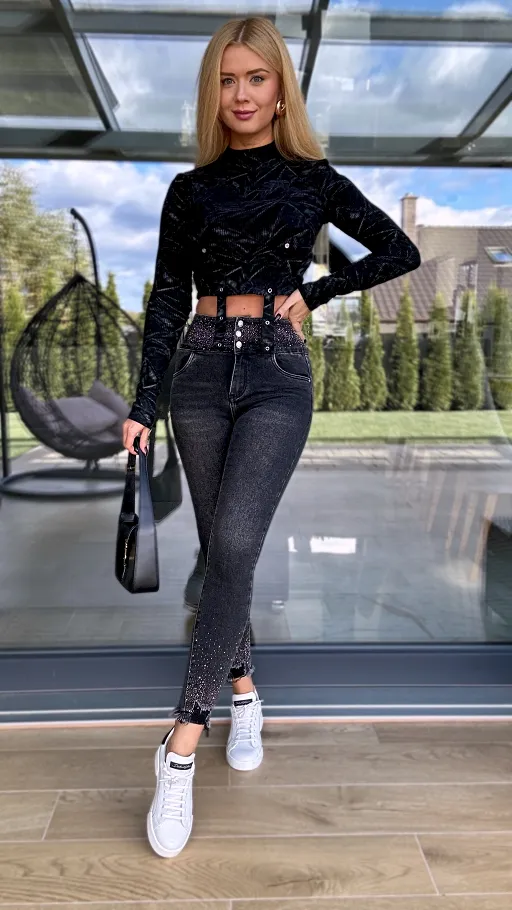 Grafitowe elastyczne spodnie jeansowe SKINNY z ozdobnym pasem - N780A