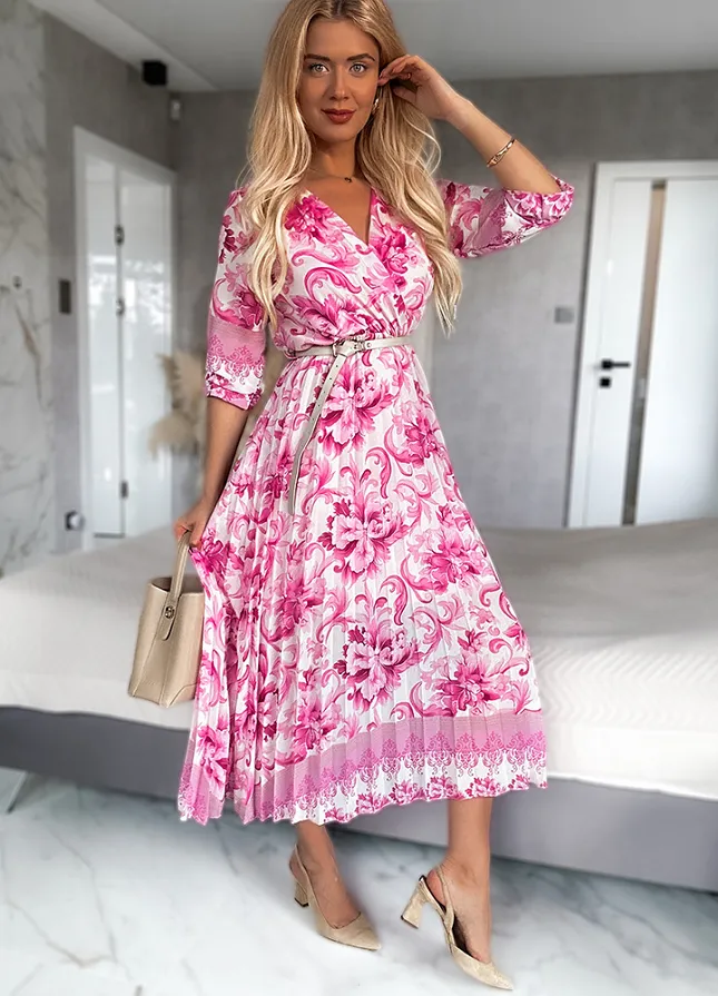 Wiosenna MIDI sukienka z paskiem PLISOWANA z kopertowym dekoltem - N145