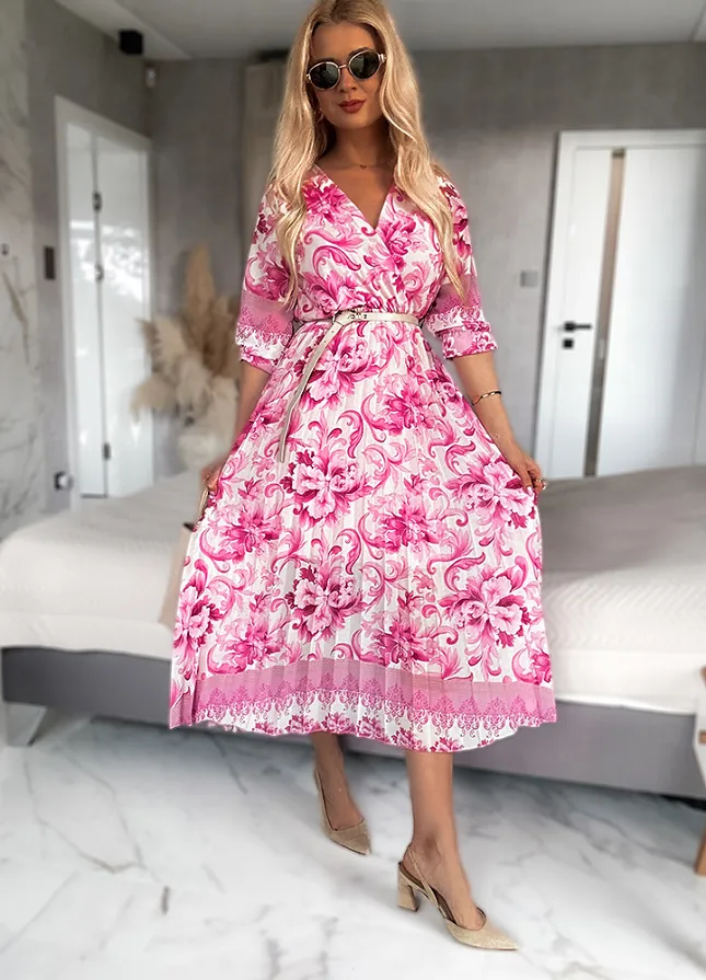 Wiosenna MIDI sukienka z paskiem PLISOWANA z kopertowym dekoltem - N145