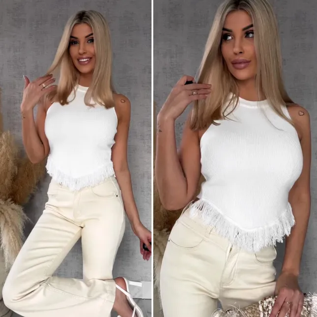 Elastyczna biała bluzka TOP z frędzelkami ONE SIZE wiskoza - R761