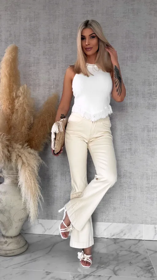 Elastyczna biała bluzka TOP z frędzelkami ONE SIZE wiskoza - R761