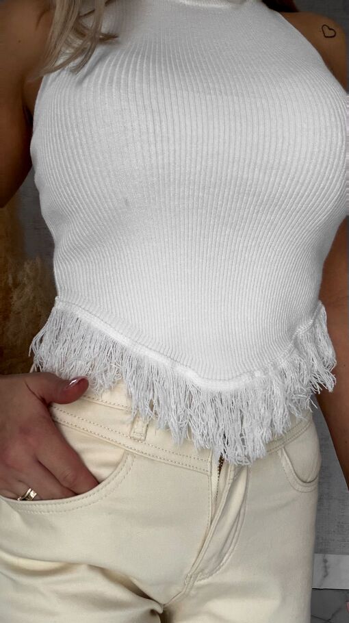 Elastyczna biała bluzka TOP z frędzelkami ONE SIZE wiskoza - R761