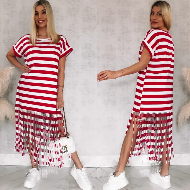 Bawełniana sukienka w czerwone pasy z frędzlami ONE SIZE - R901A