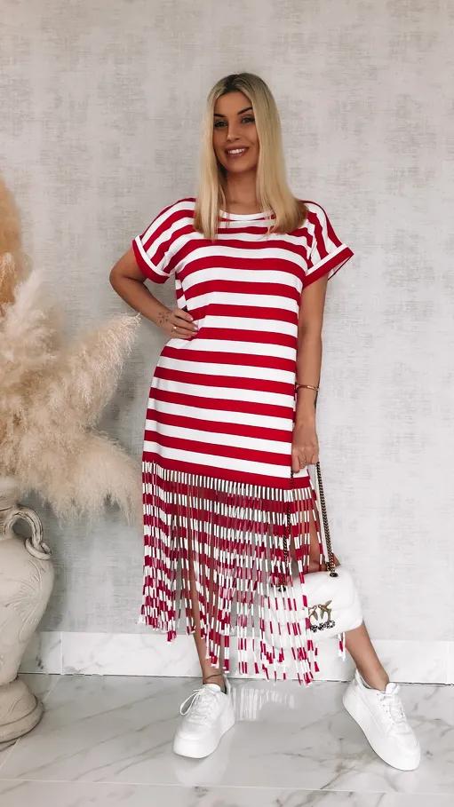 Bawełniana sukienka w czerwone pasy z frędzlami ONE SIZE - R901A