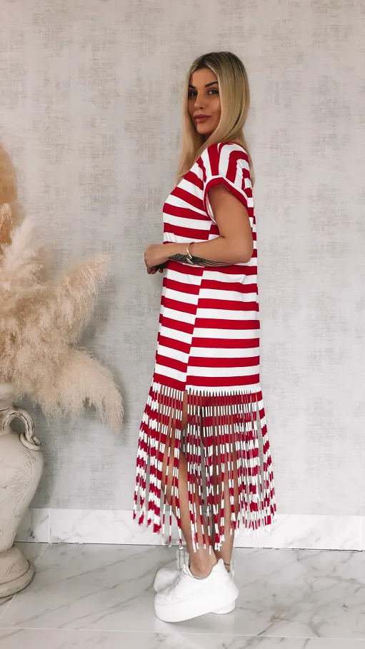 Bawełniana sukienka w czerwone pasy z frędzlami ONE SIZE - R901A