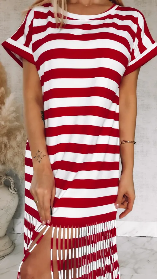 Bawełniana sukienka w czerwone pasy z frędzlami ONE SIZE - R901A