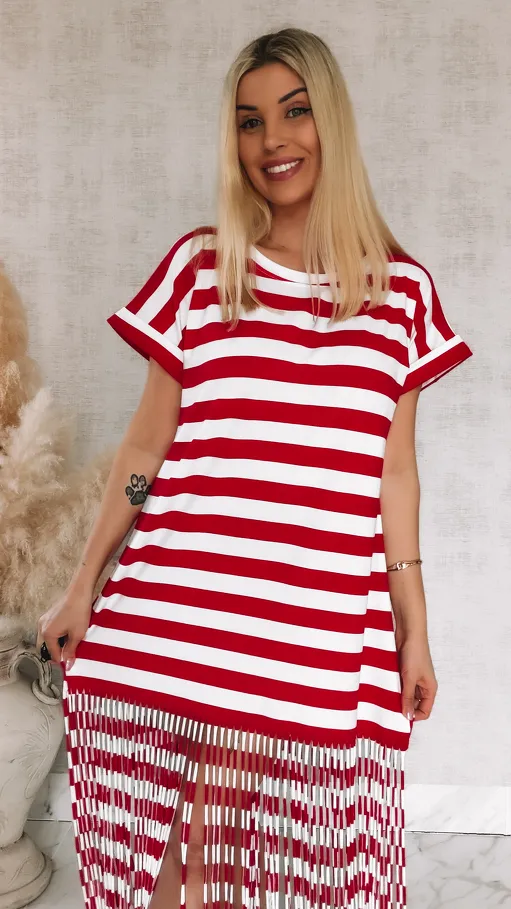 Bawełniana sukienka w czerwone pasy z frędzlami ONE SIZE - R901A