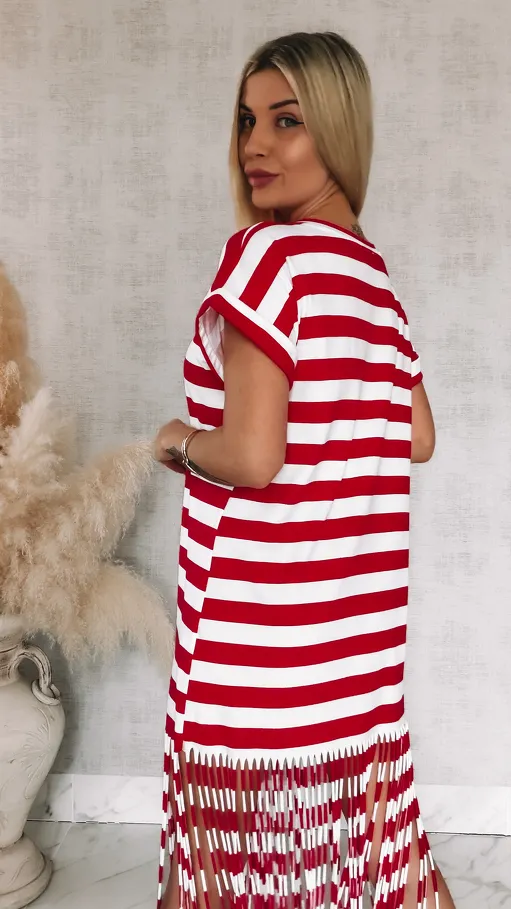 Bawełniana sukienka w czerwone pasy z frędzlami ONE SIZE - R901A