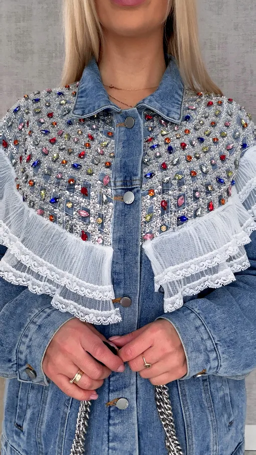 Oryginalna kurtka jeansowa KATANA z kolorowymi kamieniami - R726