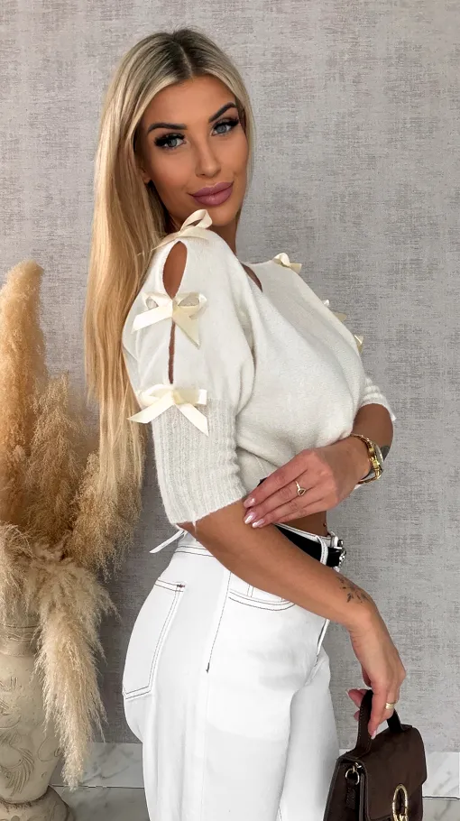 Oryginalny wiosenny sweter z krótkim rękawem i kokardkami ORANGE - R664D