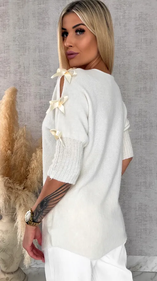 Oryginalny wiosenny sweter z krótkim rękawem i kokardkami ORANGE - R664D