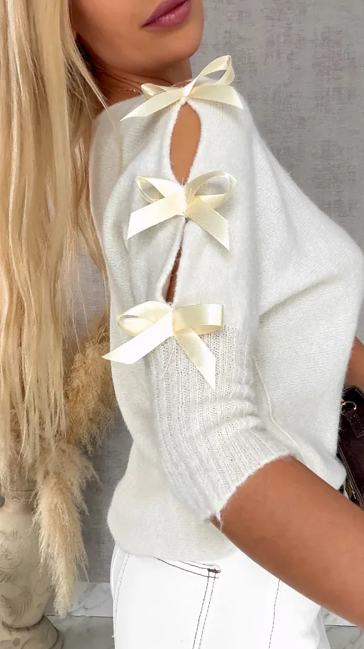 Oryginalny wiosenny sweter z krótkim rękawem i kokardkami ORANGE - R664D