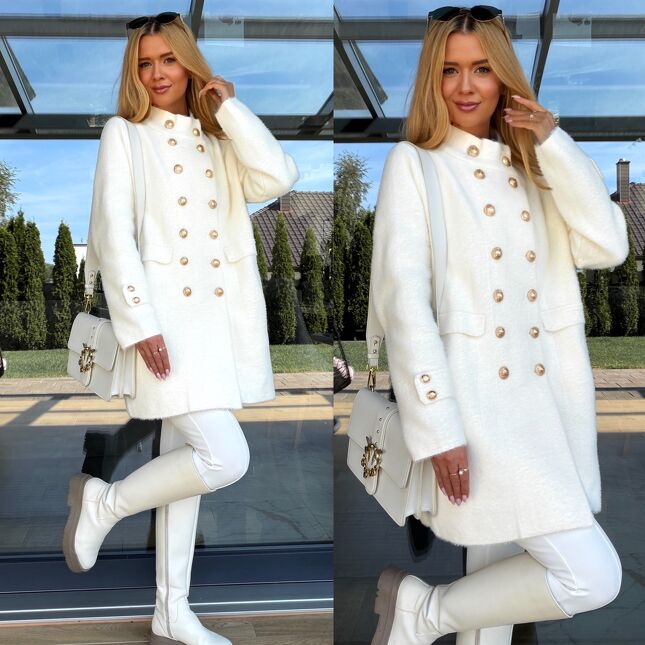 Elegancki klasyczny płaszcz ALPAKA ze złotymi guzikami ONE SIZE ecru - S298A