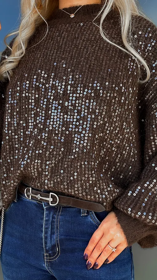 Brązowy sweter zdobiony cekinami ONE SIZE - R112