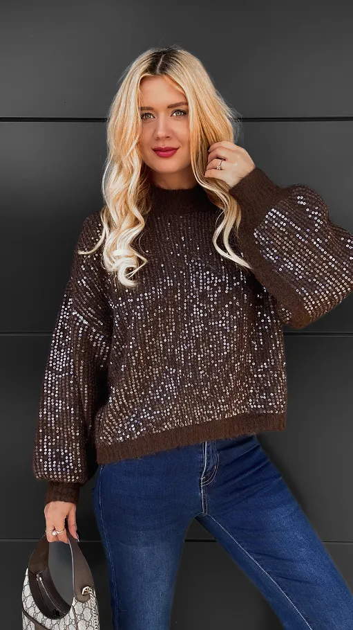 Brązowy sweter zdobiony cekinami ONE SIZE - R112