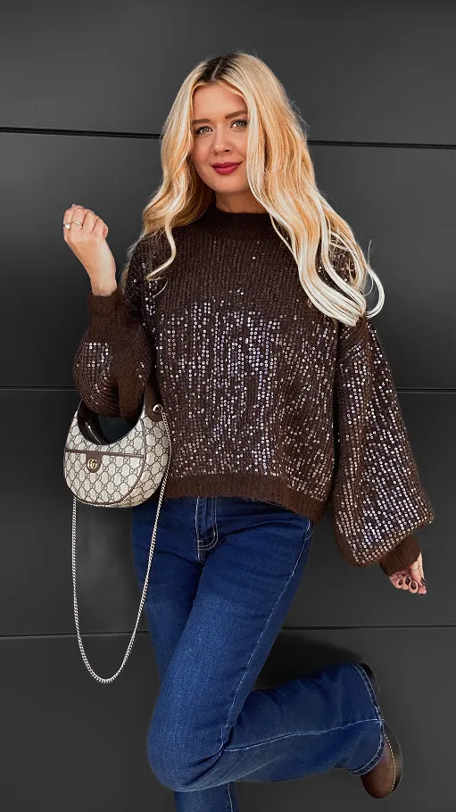 Brązowy sweter zdobiony cekinami ONE SIZE - R112