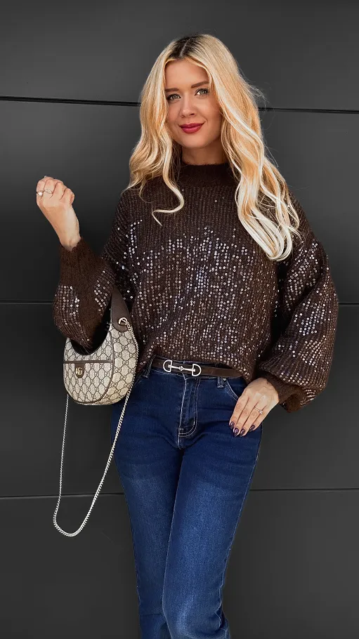 Brązowy sweter zdobiony cekinami ONE SIZE - R112