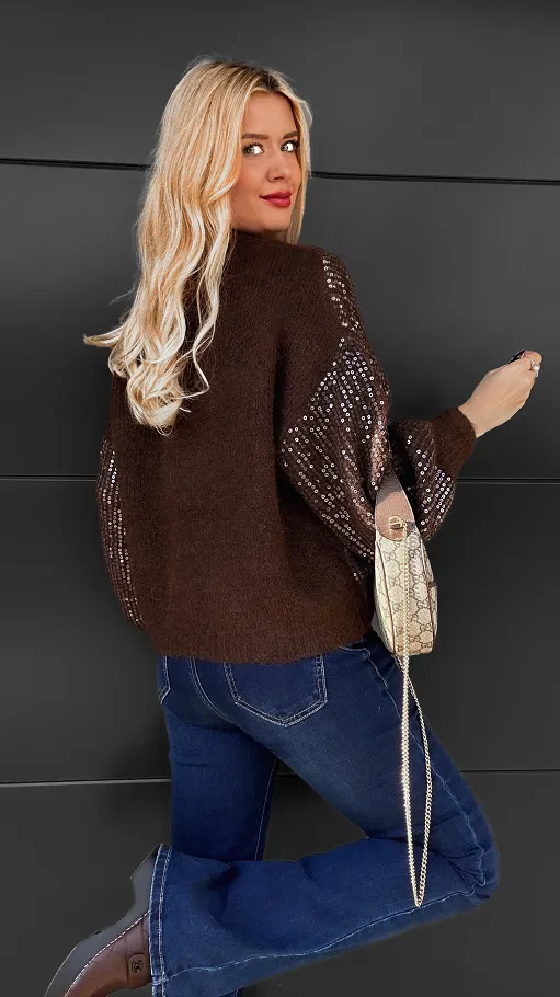 Brązowy sweter zdobiony cekinami ONE SIZE - R112