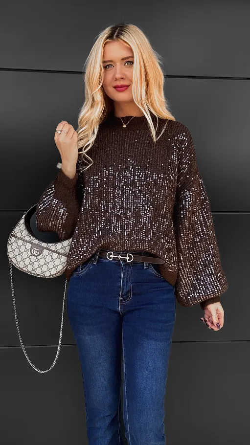 Brązowy sweter zdobiony cekinami ONE SIZE - R112