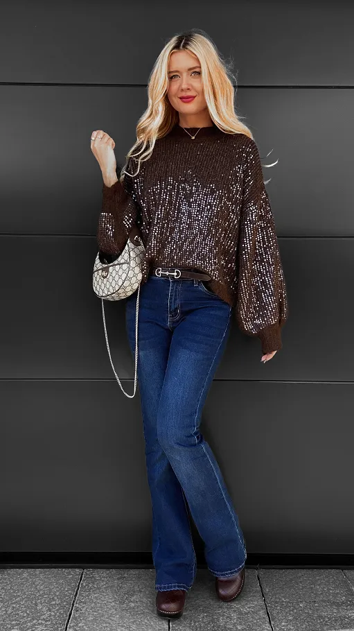 Brązowy sweter zdobiony cekinami ONE SIZE - R112