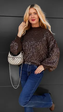 Brązowy sweter zdobiony cekinami ONE SIZE - R112